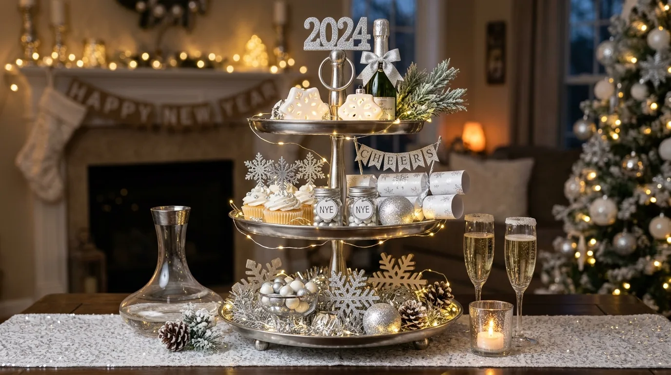 Silver and white winter themed New Year's tray